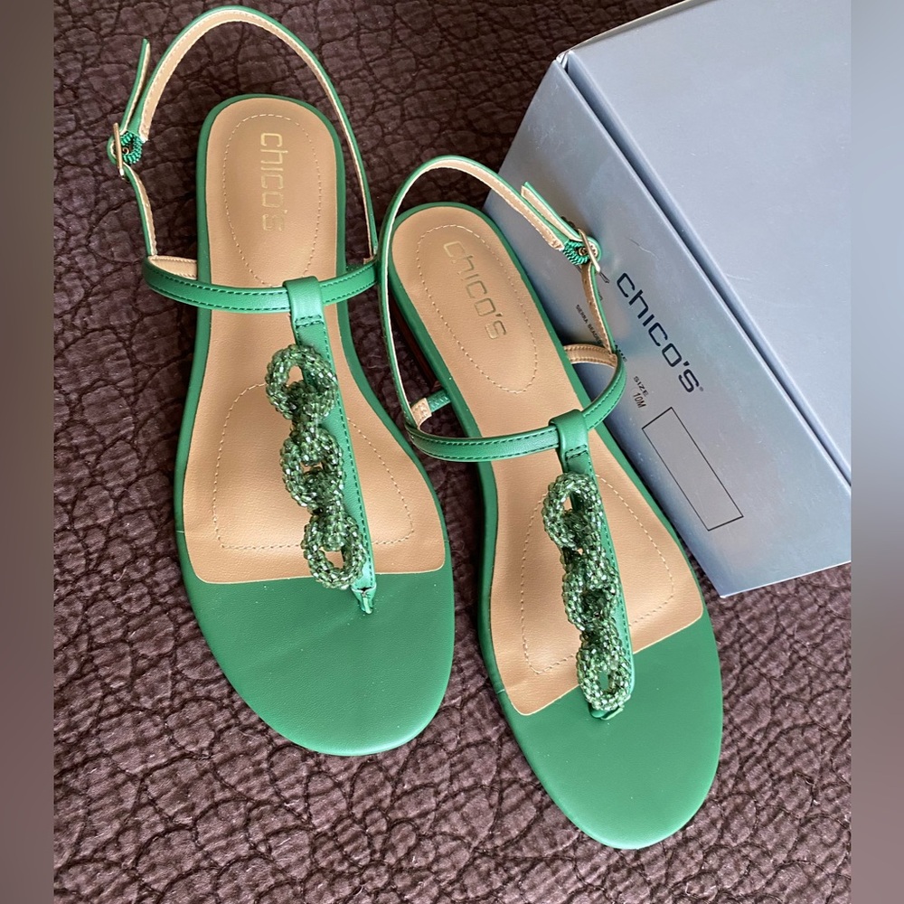 Chico's Sierra green beaded chain thong Sandals sz 10.